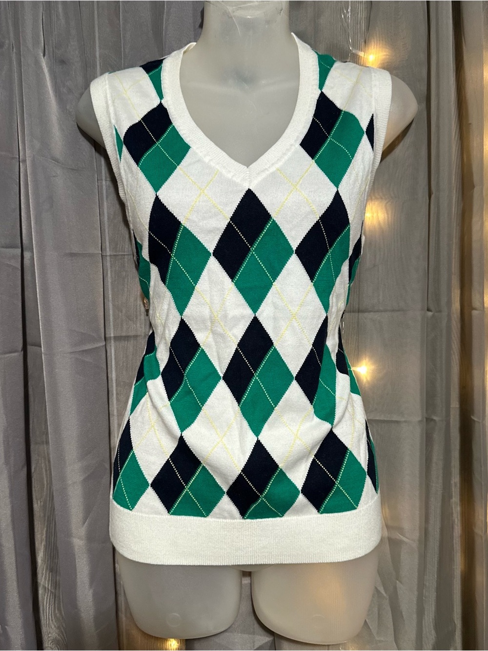 Tommy Hilfiger Sweater Vest Women M Green White Argyle V-Neck Preppy Classic